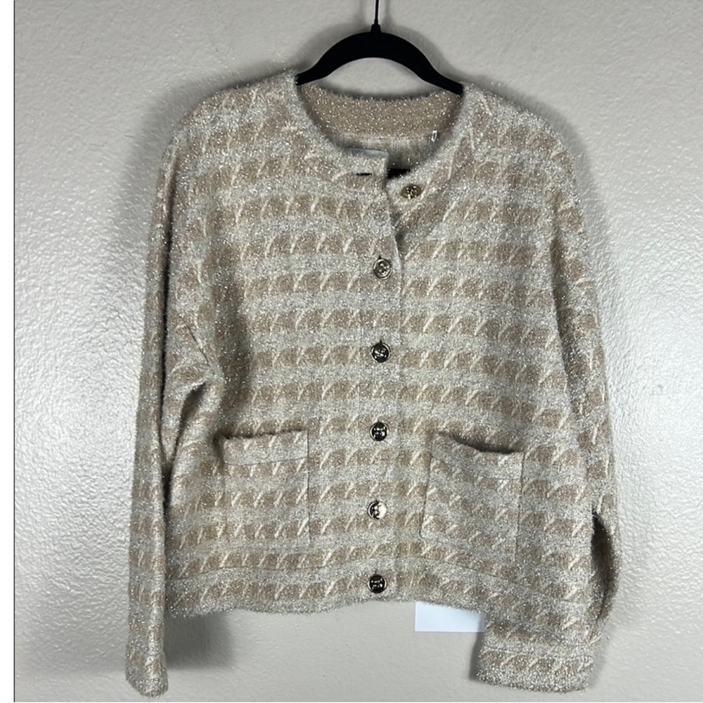 Sandro Maria Houndstooth Cardigan Gold Metallic Beige - Picture 5 of 9
